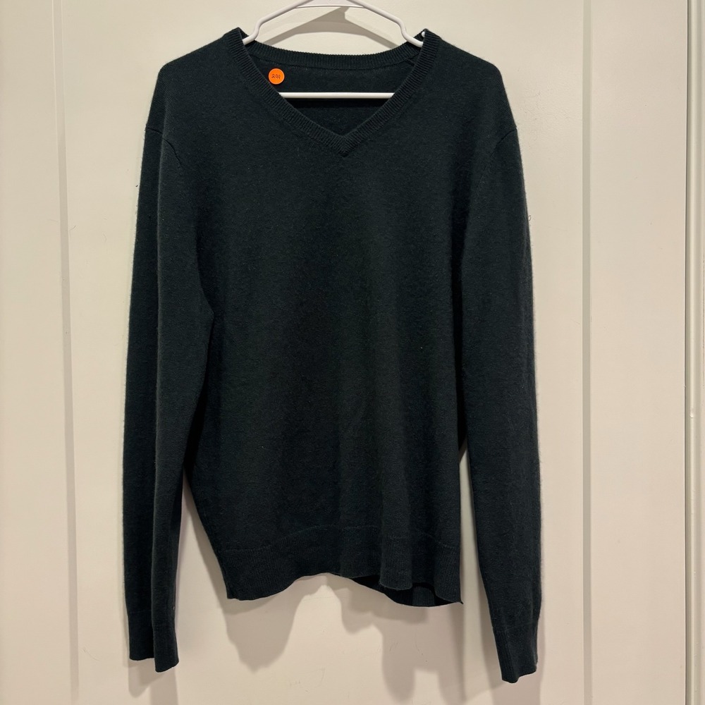Mens Forest Green V-Neck 100% Cashmere Sweater Long Sleeve Pullover Size Medium